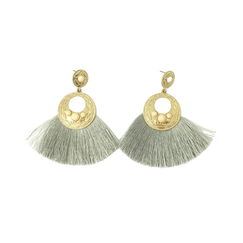 Gold Earrings with Pink Gems and Grey Fringe