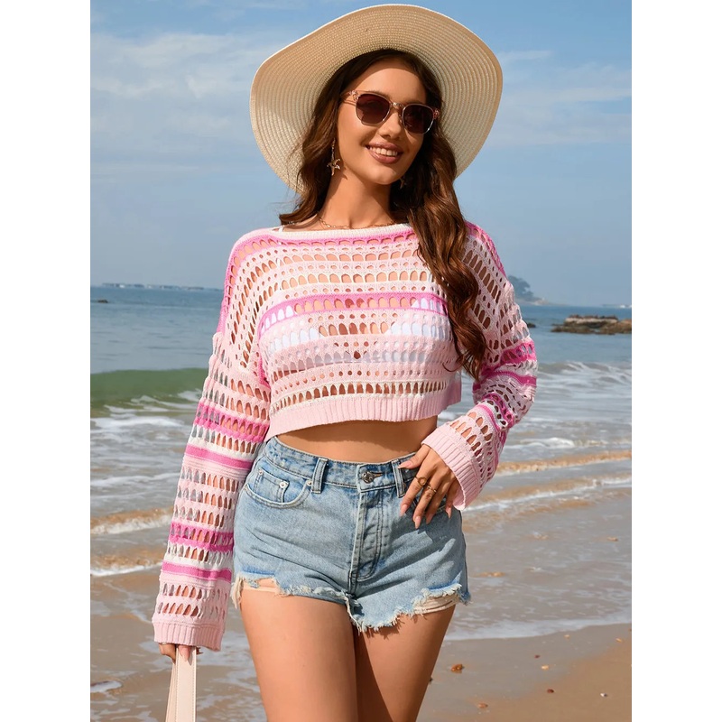 Openwork Boat Neck Dropped Shoulder Cover-Up Blush Pink S