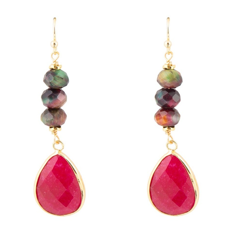 Jeweled Multicolor Tiger’s Eye and Pink Agate Golden Drop Earrings