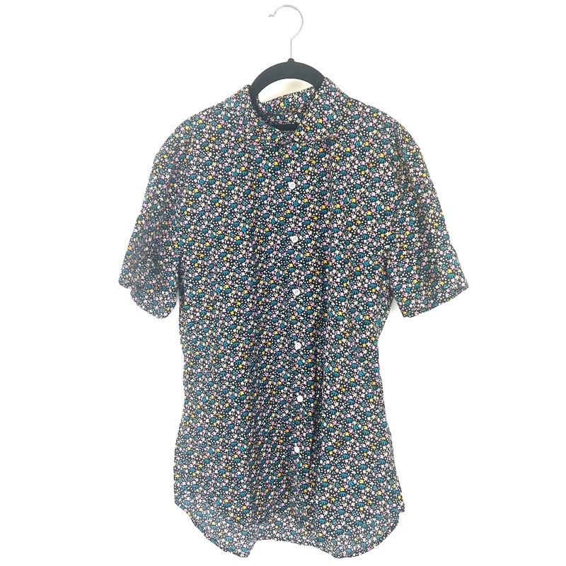 MENS Black Button-Up with Colorful Flower Pattern – Medium