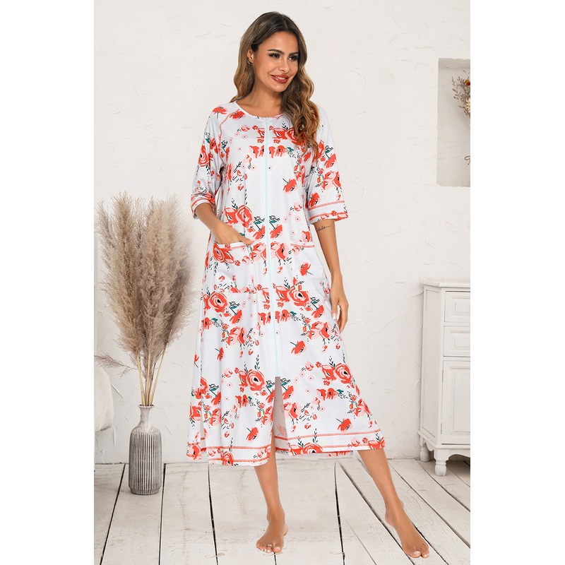 Printed Slit Night Dress with Pockets Burnt Coral S