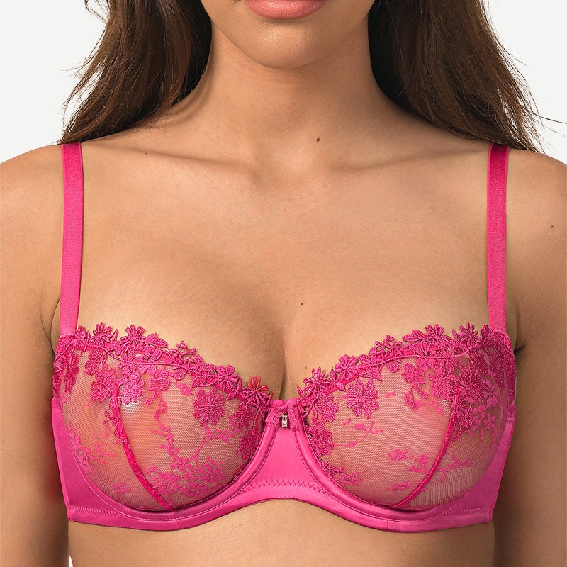 See Through Underwire Demi Sheer Bralette Bra Rose Red 34B/75B