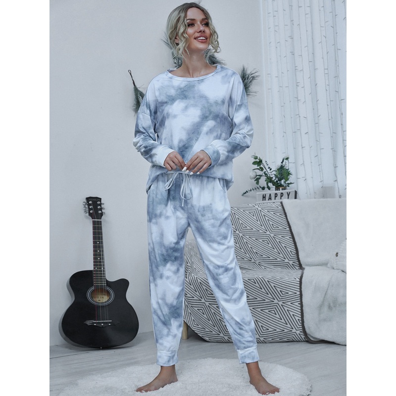 Shiny Tie-dye Round Neck Top and Drawstring Pants Lounge Set Cloudy Blue S