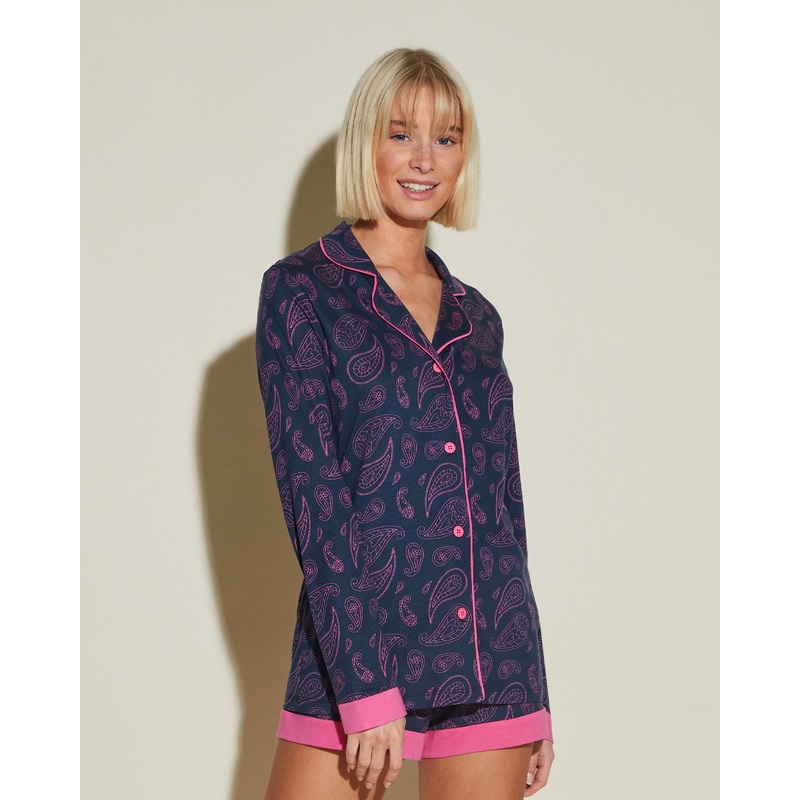 Pigiama Con Top Stampato  A Maniche Lunghe E Boxer Navy Paisley XS
