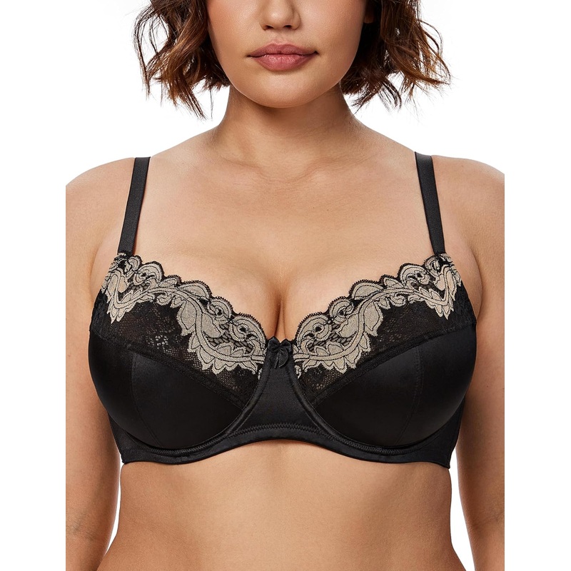 Plus Size Lace Mesh Underwired Full Coverage Shelf Bra Black 34B