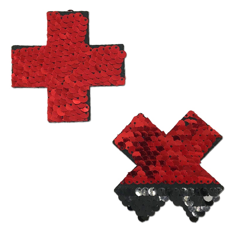 Plus X: Red & Black Flip Sequin Cross Nipple Pasties by Pastease