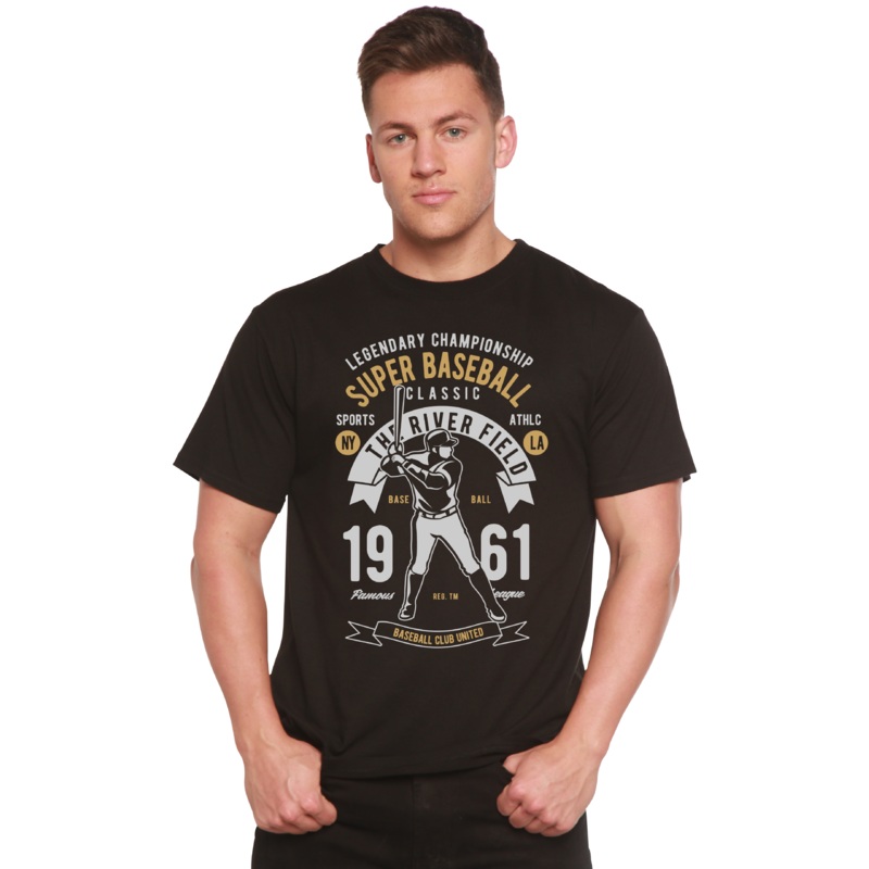 Super Baseball Spun Bamboo Men’s Bamboo Viscose/Organic Cotton Short Sleeve Graphic T-Shirt Medium Black