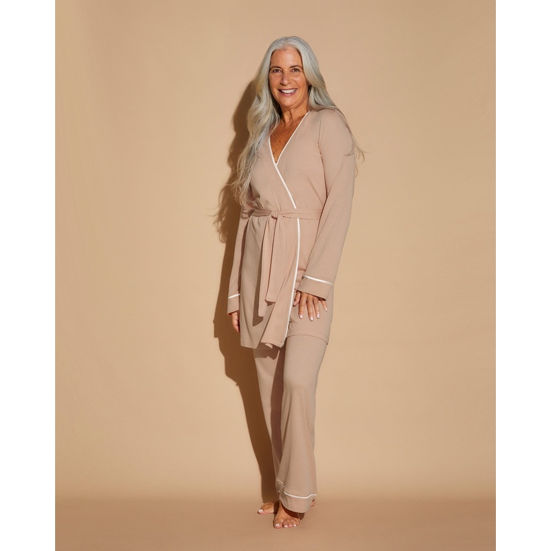 3 Piece Pajama Set With Robe Camel/Moon Ivory XS