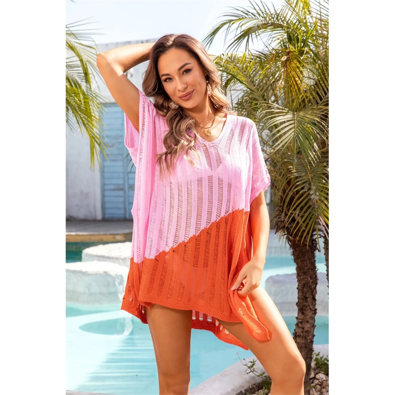 Angel Wings Slit Color Block V-Neck Cover Up Blush Pink One Size