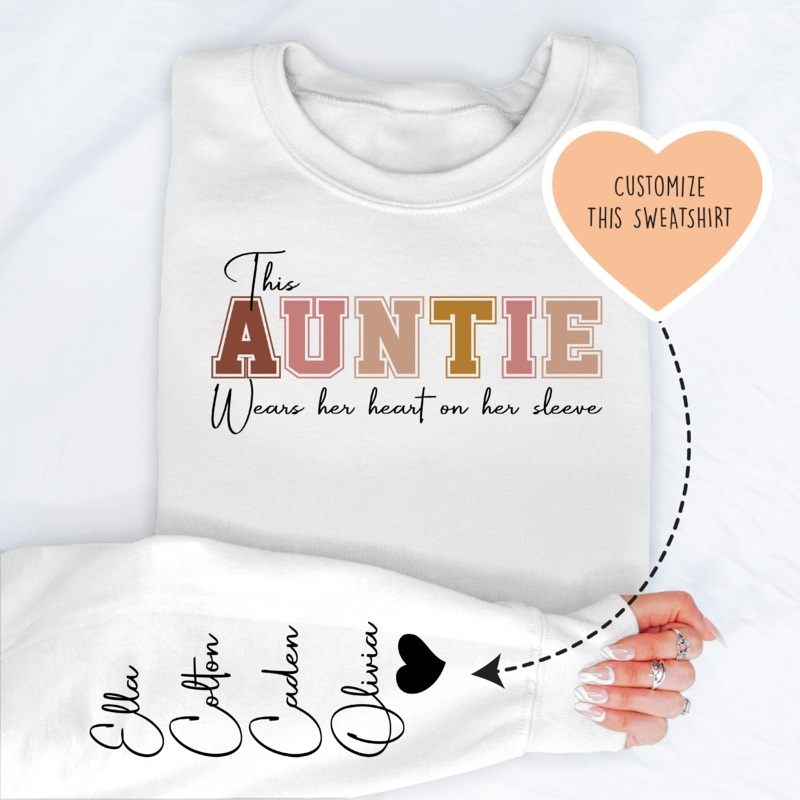 This Aunt Wears Her Heart On Her Sleeve Custom Sweatshirt Sand S