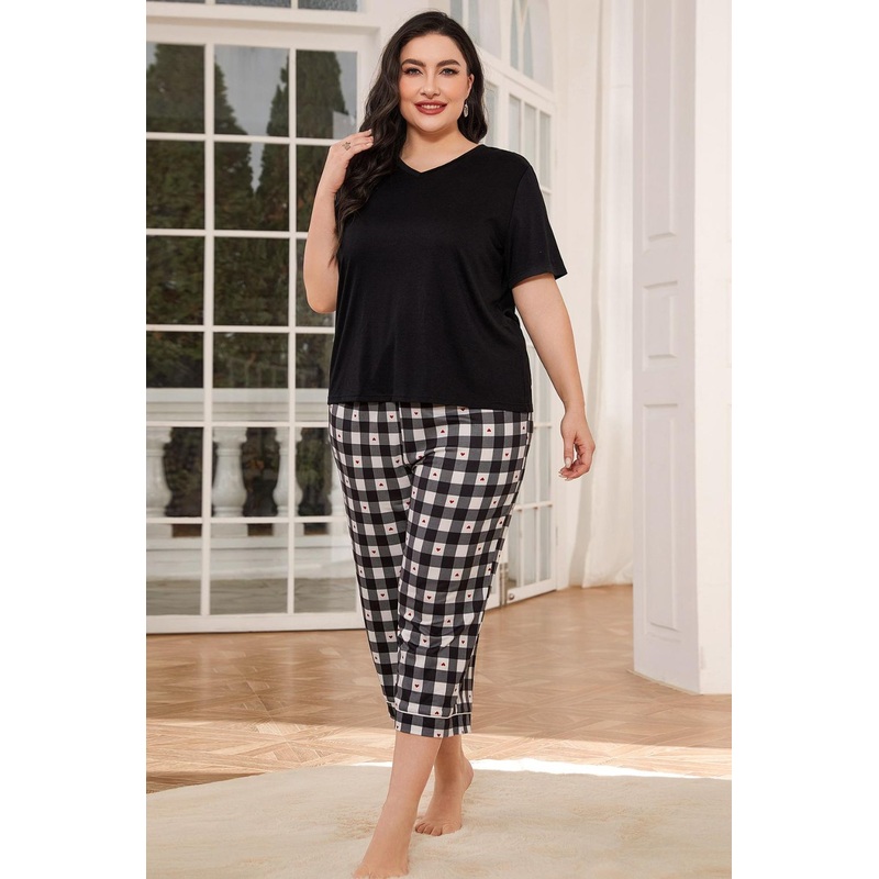 V-Neck Tee and Plaid Cropped Pants Lounge Set Black 0XL