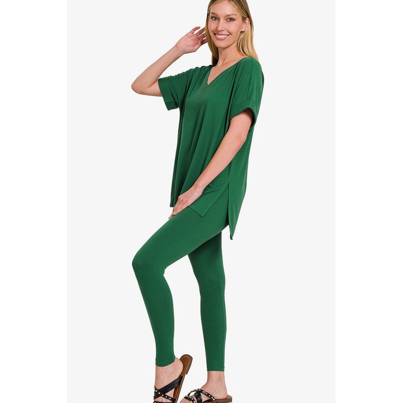 Zenana V-Neck Rolled Short Sleeve T-Shirt and Leggings Lounge Set DK Green S