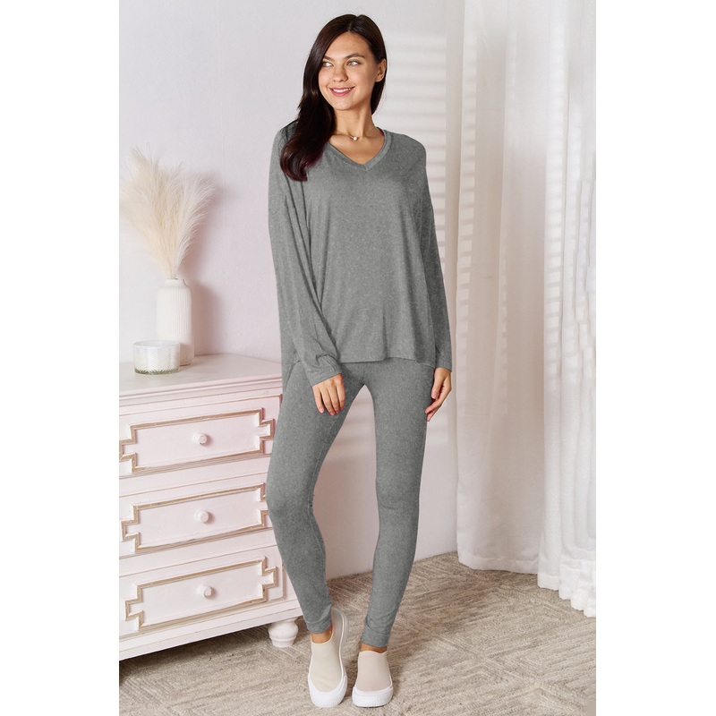 Basic Bae Bamboo Full Size V-Neck Long Sleeve Top and Pants Lounge Set Gray S