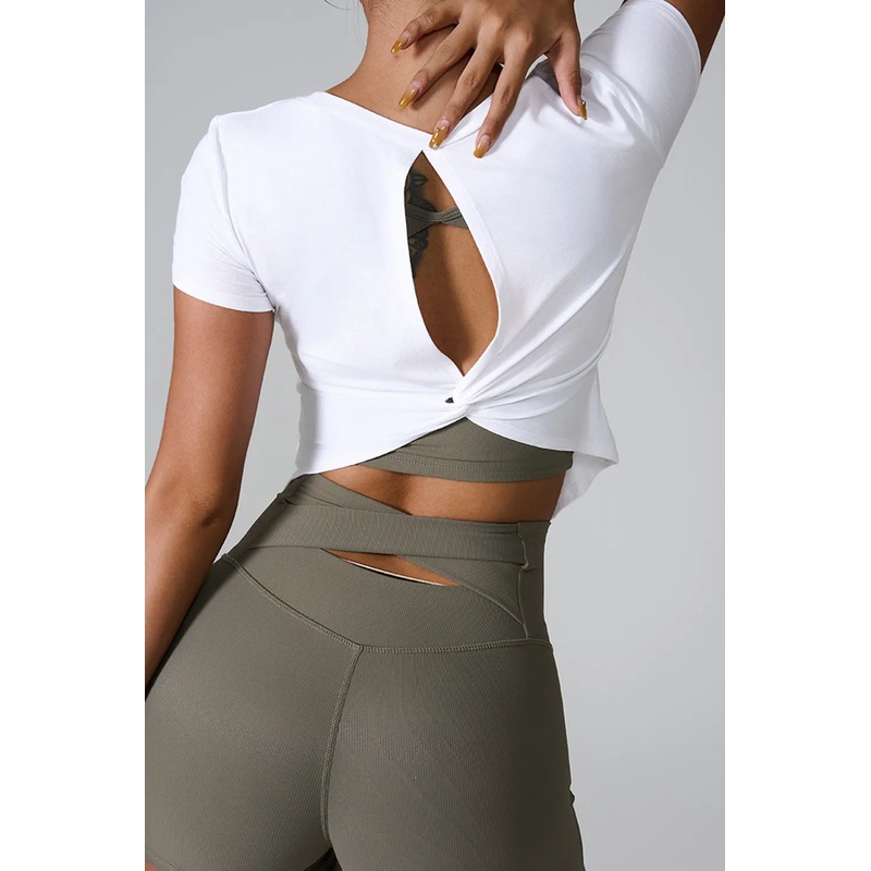Cutout Round Neck Short Sleeve Active T-Shirt White S