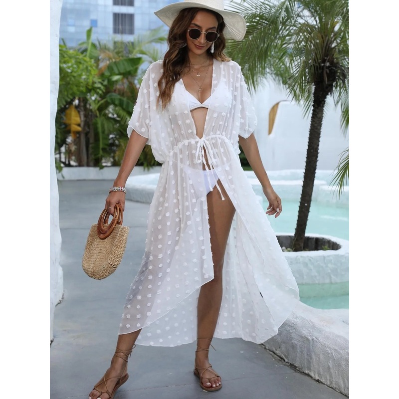 Swiss Dot Sheer Beach Cover Up Maxi Dress White One Size