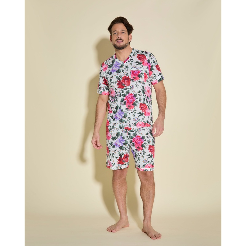 Conjunto De Pijama Para Hombre Con Camisa De Manga Corta Y Pantalones Cortos Peony/White S