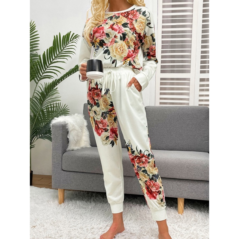 Shiny Printed Round Neck Top and Pants Lounge Set White XS