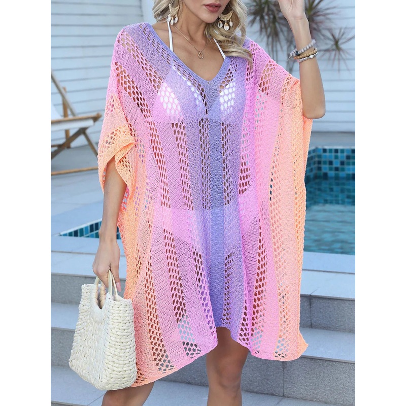 Openwork Contrast V-Neck Cover-Up Red-Violet One Size