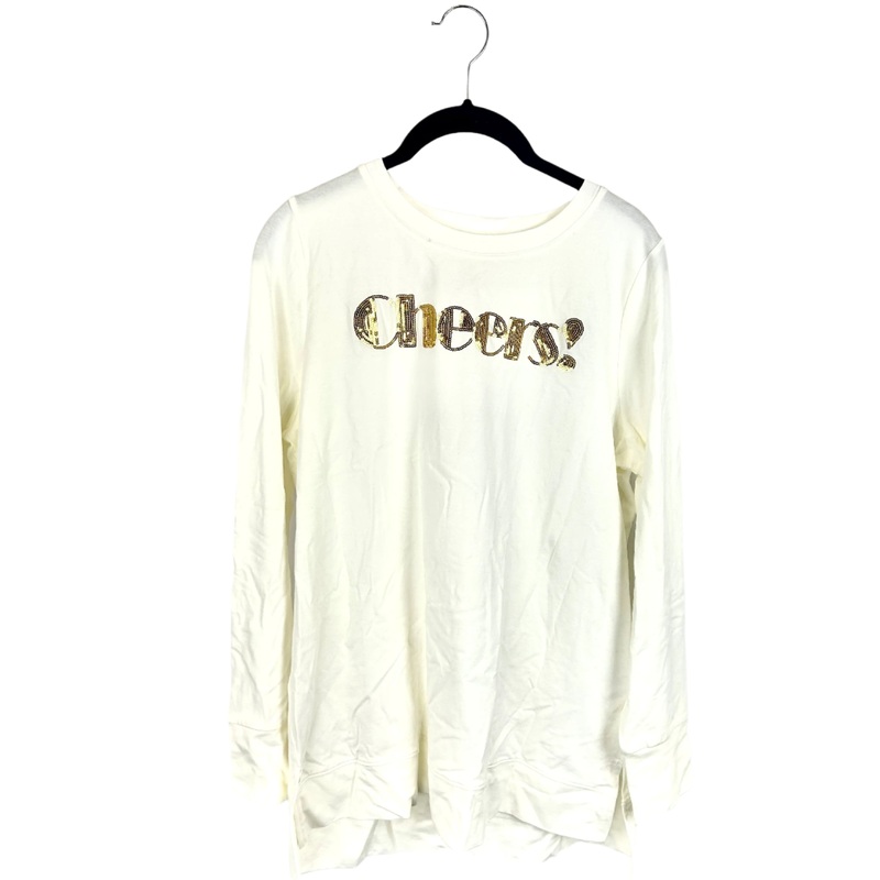 White “Cheers!” Long Sleeve with Gold Sequins- Size 6