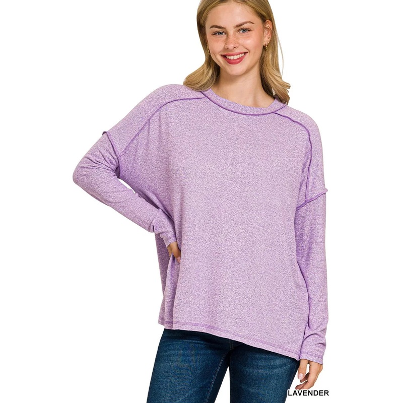 Zenana Full Size Melange Hacci Exposed Seam Hi-low Tee Plus Size LAVENDER S/M