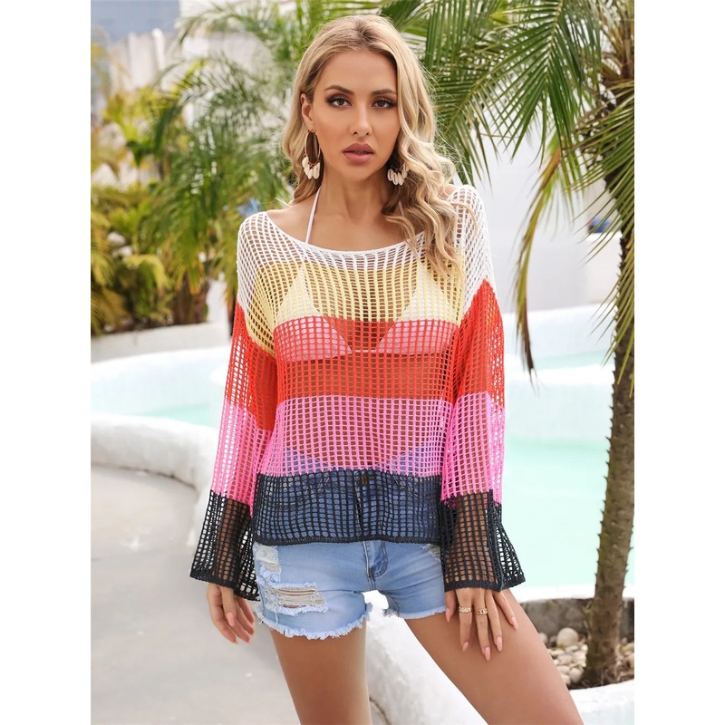 Angel Wings Color Block Openwork Boat Neck Cover Up Pink S