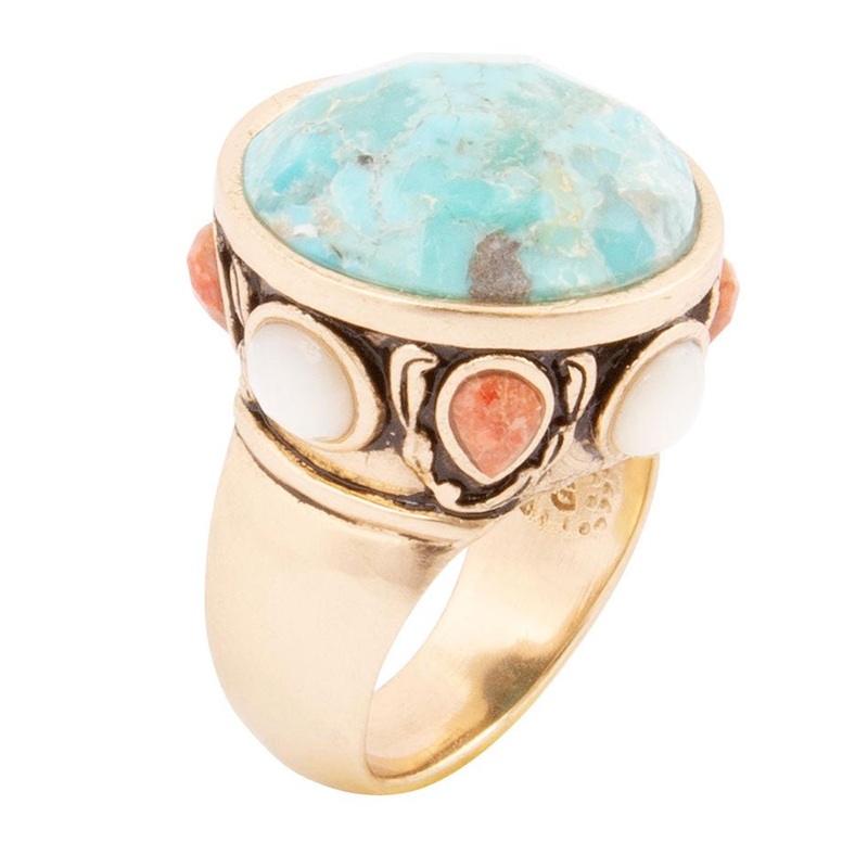 Champs Blue Turquoise and Coral Golden Statement Ring 7