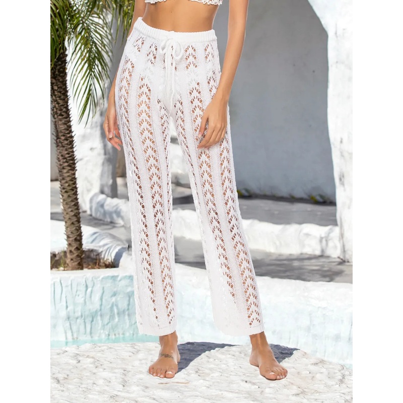 Cutout Drawstring High Waist Swim Pants White S