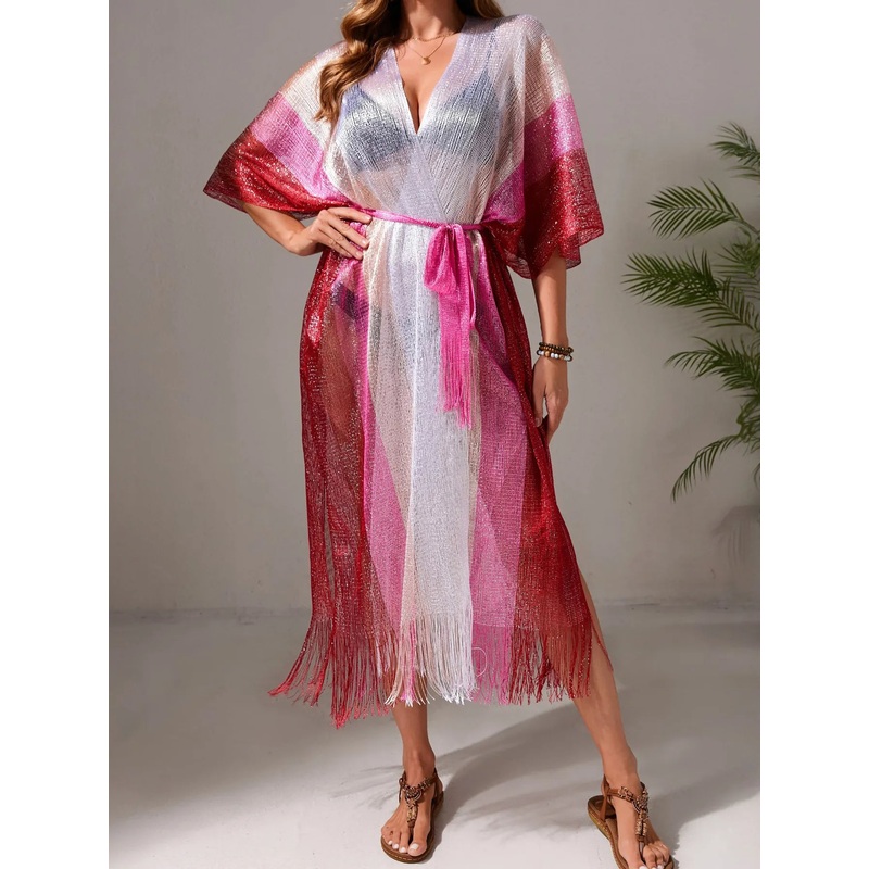 Gradient Fringe Kimono Cover-Up Pink One Size