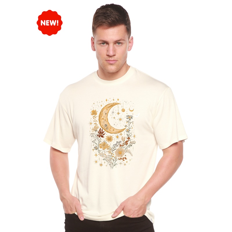 Celestial Moon Boho Flowers Vintage Unisex Bamboo/Cotton Graphic T-Shirt Small Black