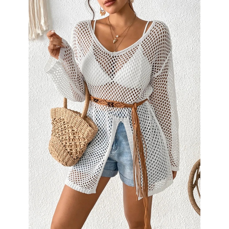 Openwork V-Neck Slit Cover-Up White One Size