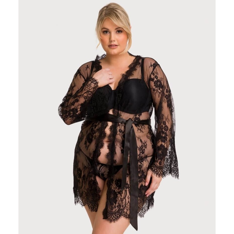 Curvy All Over Lace Long Sleeve Short Robe Sleepwear with Thong – Black 8-10