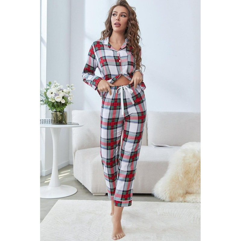 Plaid Button Front Top and Pants Lounge Set Plaid XS
