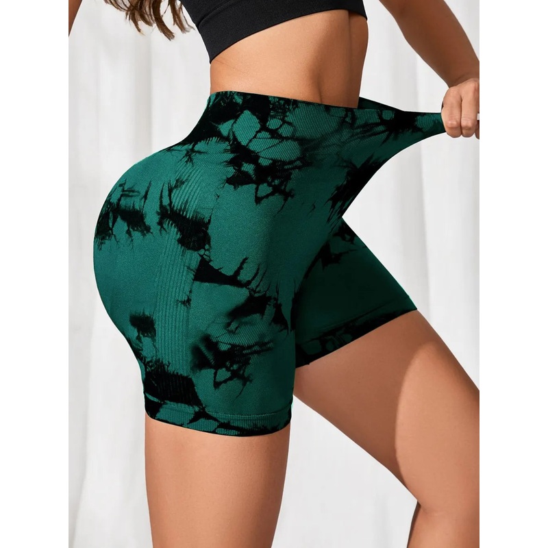 Tie-Dye High Waist Active Shorts Dark Green S