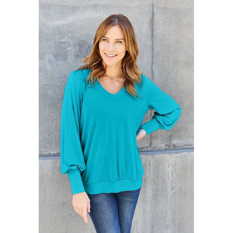 Basic Bae Full Size V-Neck Lantern Sleeve Top Sky Blue S