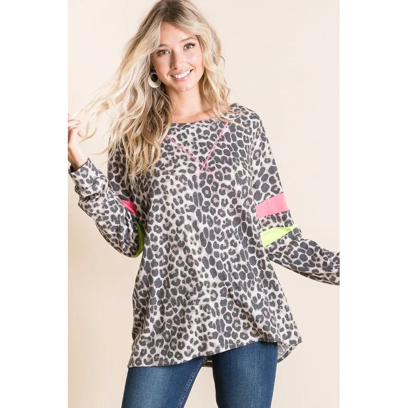 BiBi Leopard Thermal Top with Contrast Color Block N.PINK/N.GREEN S