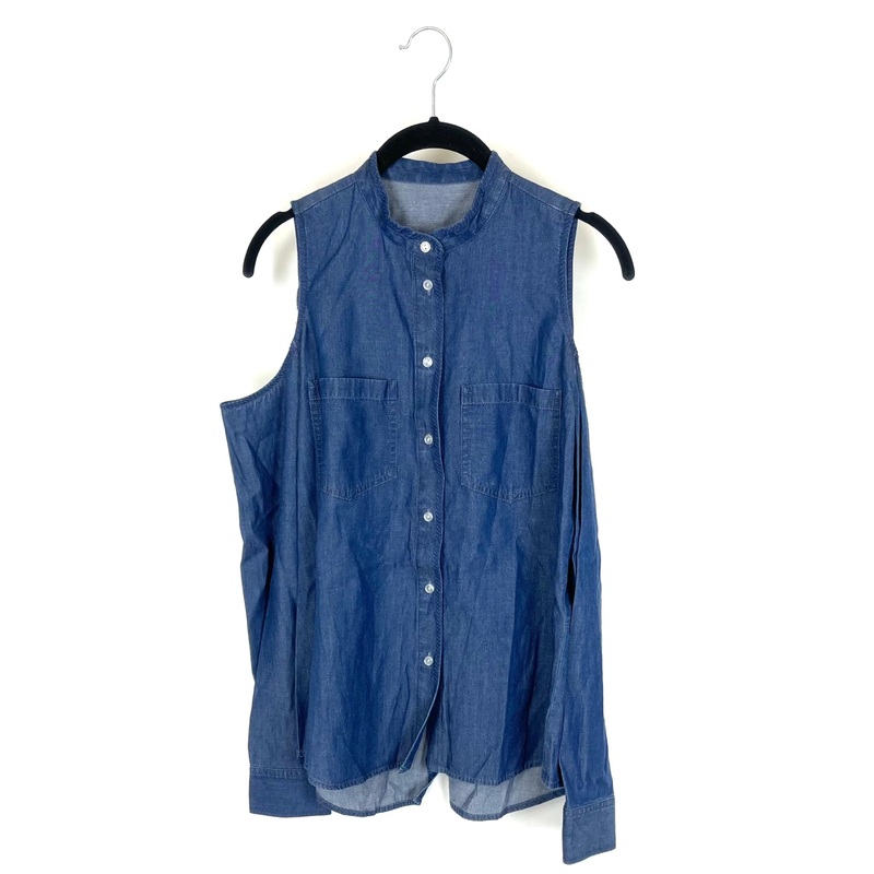 Denim Long Sleeve Button Down Top with Shoulder Cutouts – Small