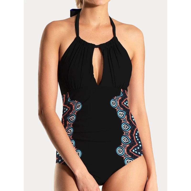 FAM-FAM Cutout Printed Halter Neck One-Piece Swimwear Black S