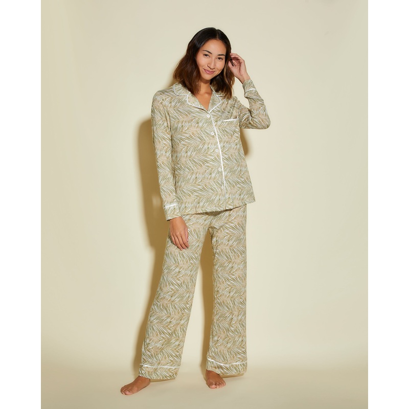 Petite Long Sleeve Top & Pant Pajama Set Palm Aloe/White PS