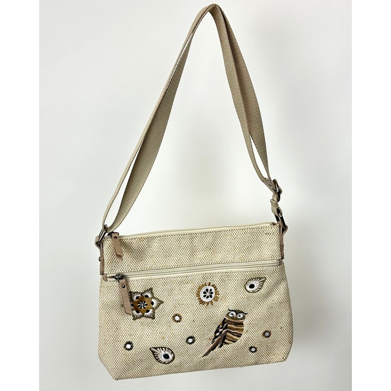 Beige Owl and Floral Embroidered Woven Crossbody Bag