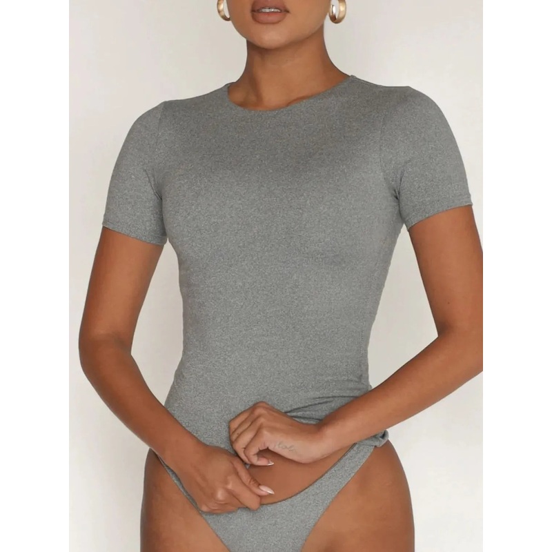 Round Neck Short Sleeve Swim Top Gray S