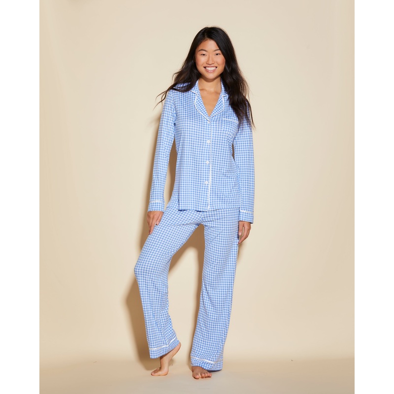 Langrmeliges Top & Hose Pyjama-Set Cielo Gingham/Moon Ivory XS