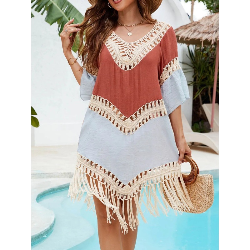Backless Tassel Hem V-Neck Cover-Up Terracotta One Size