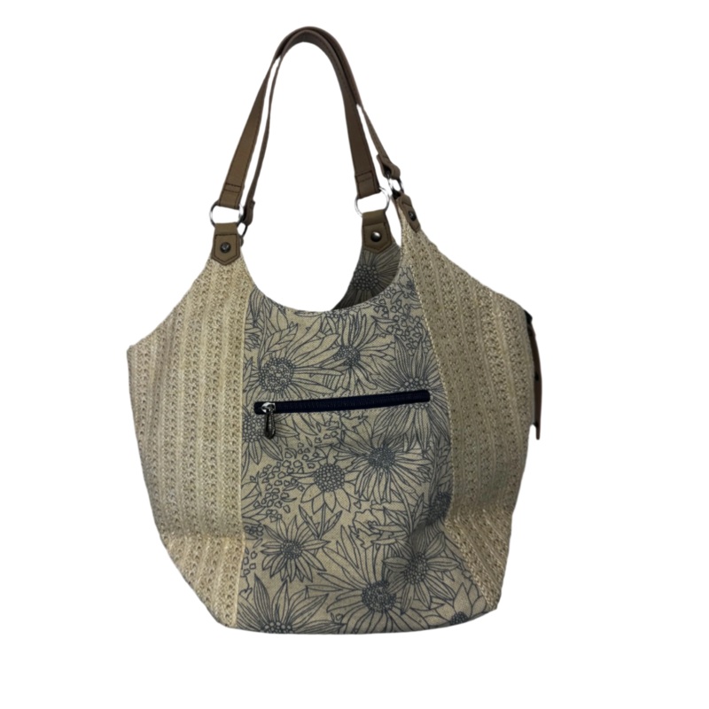 Beige Woven With Blue Floral Stripe Shoulder Bag