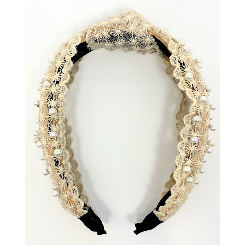 Cream Lace And Faux Pearl Knotted Headband