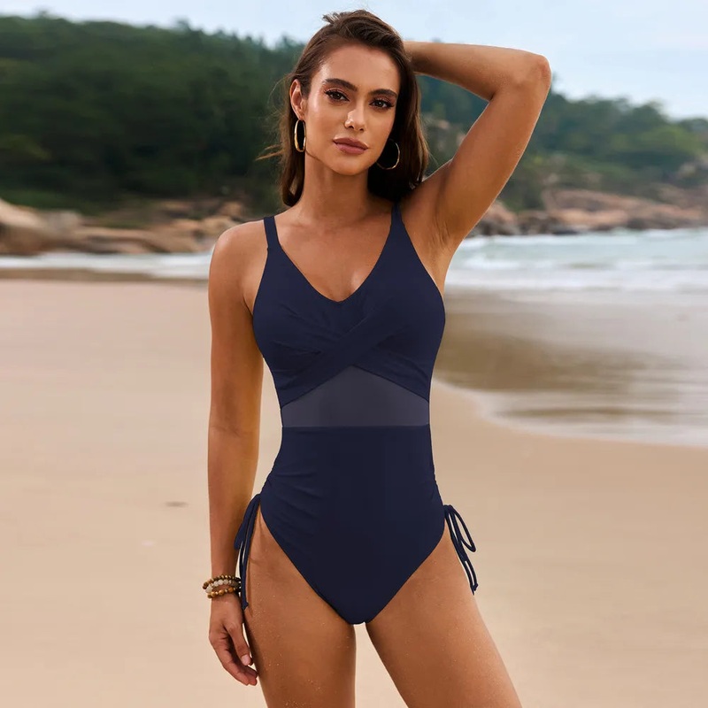 Drawstring Ruched V-Neck One-Piece Swimwear Black S