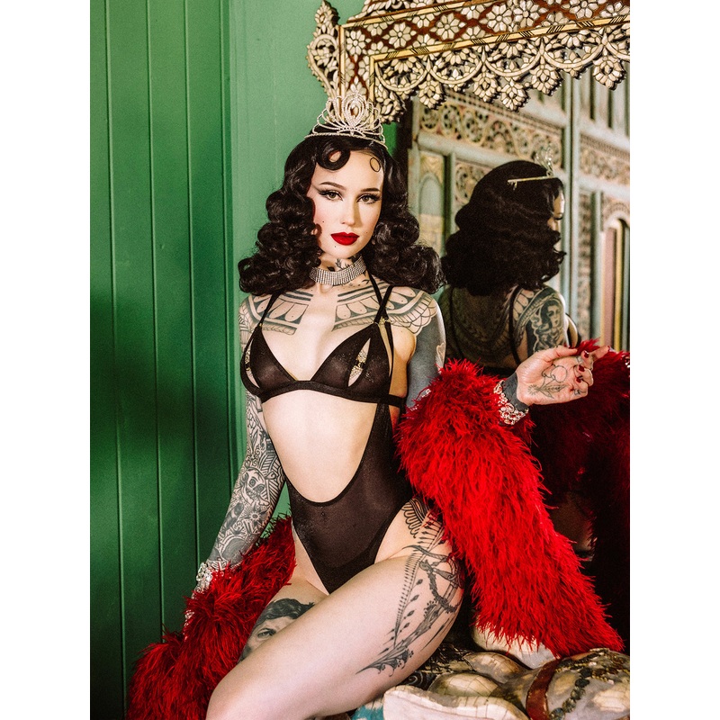 Pia Shine Mesh Open Cup, Backless Teddy & Bralette Set Black S