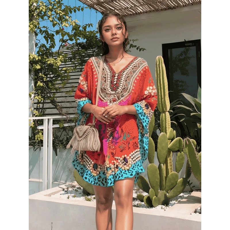 Floral Print V-Neck Cover Up Red S