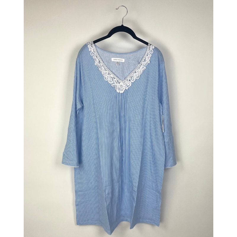 Long Sleeve Blue And White Striped Nightgown – Medium