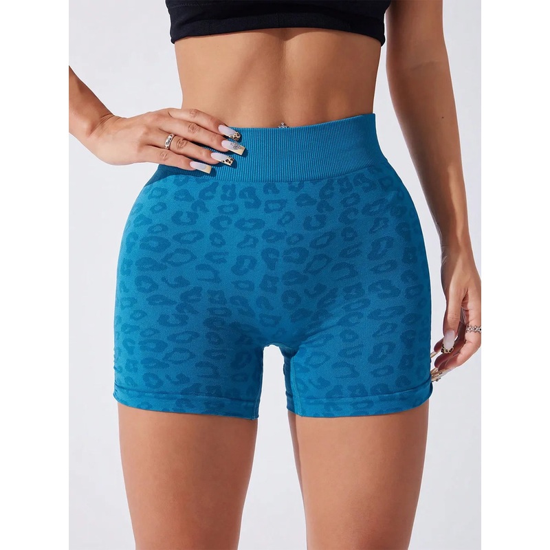Ruched Leopard High Waist Active Shorts Sky Blue S