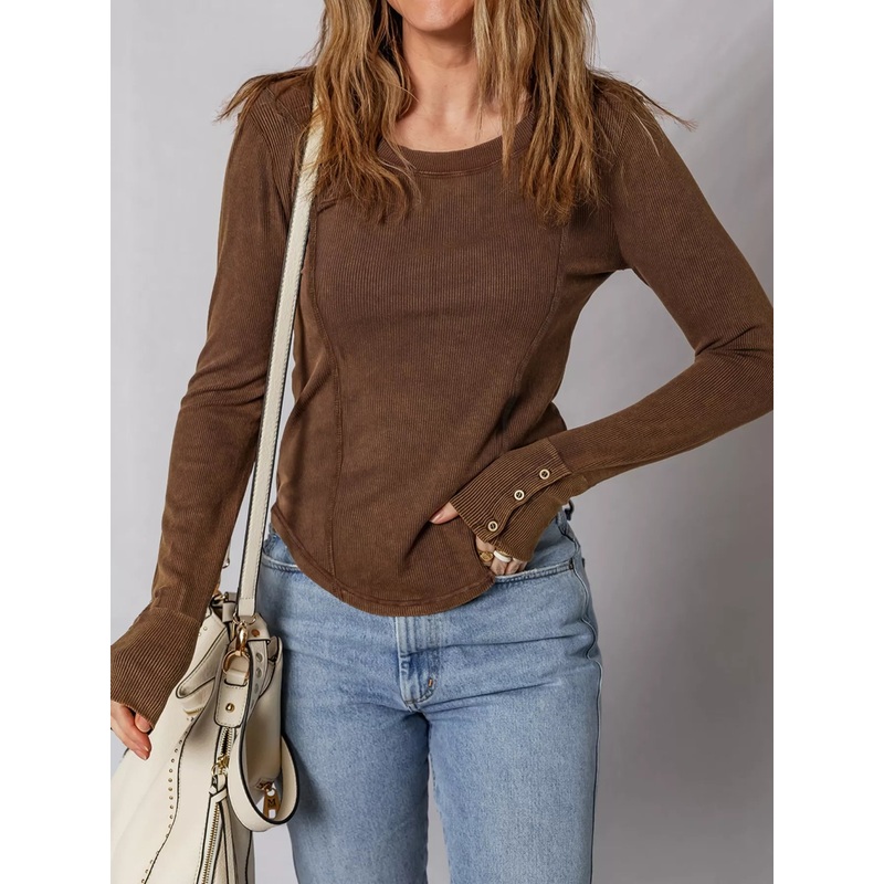 Exposed Seam Ribbed Long Sleeve Top Brown S